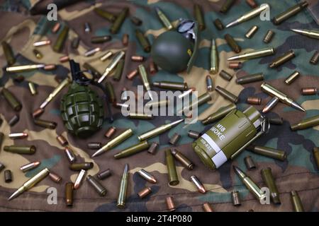 Verschiedene Arten von Munition und Granaten auf Tarngrund. Vorbereitung auf den Krieg. Besitz von Waffen Stockfoto