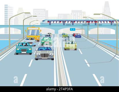 Autobahn mit Lkw und Pkw, Illustration Stock Vektor