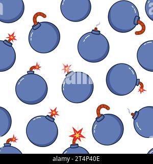 Nahtloses Muster. Explodierende Waffenelemente, Kriegsausrüstung. Cartoon Bomben Stoffdruck, militärische Textur Grafik heute Vektor Design Stock Vektor