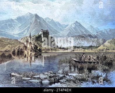 Burg Bled am Bleder See in der Region Oberkrain im Nordwesten Sloweniens und den Krainer Alpen, Reproduktion eines Bilds, Holzschnitt aus dem Jahr 1881, digitalrestauriert, Historisch / Schloss Bled am Bleder See in der Oberkarniolenregion Nordwestslowenien und den karniolenalpen, Reproduktion eines Bildes, Holzschnitt aus dem Jahr 1881, digital verbessert, historisch Stockfoto