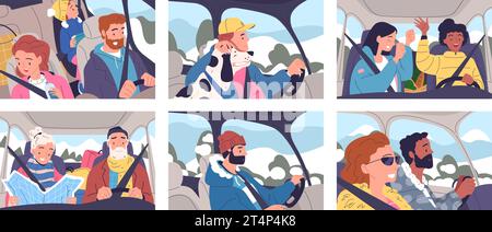 Fahrt im Winter. Leute im Auto, das auf Schnee-Autobahn reist, Familie Fernweh älteres Paar, das Weihnachtsferien in kalter Straße Auto-Abenteuer fährt klassische Vektor-Illustration der Auto-Straße Reise Stock Vektor