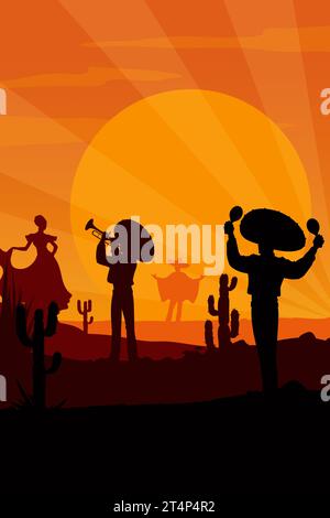 Mexikanische Mariachi-Musiker und tanzende Frauen Silhouetten in der Wüstenlandschaft bei Sonnenuntergang mit Sonnenstrahlen und Saguaro-Kakteen. Charro Cowboys Vektorfiguren in Sombrero-Hüten spielen Maracas und Trompete Stock Vektor