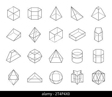 Geometrische Formsymbole umreißen. Geometrie und Mathematik regelmäßige dreidimensionale Linienfiguren, isoliertes Vektorprisma, Kegel, Sechseck und Ikosaeder, Stern, Sechskant, Kugel und Zylinder, Oktaeder Stock Vektor