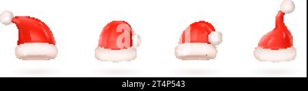 Rendern Sie weihnachtsmützen. 3D claus Cap moderne traditionelle weihnachtsmütze für Kopf im Winter, Weihnachtsfeier festliche noel kreative lustige Kostümdekoration, realistische anständige Vektor-Illustration Stock Vektor