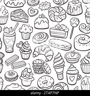 Dessertprodukte nahtloses Muster. Cupcakes, Süßigkeiten und Gebäck. Handgezeichnete Abbildung. Isolierte Doodle-Elemente. Wiederholen Sie das Muster. Vektorabbildung. Stock Vektor