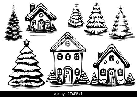 Set handgezeichnete Skizzen niedliche Haus- und Weihnachtsbäume im Winter an Heiligabend und Silvester Stock Vektor