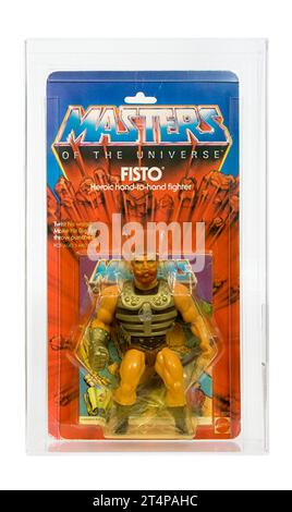 1984 Mattel Masters of the Universe Series 3 Fisto (Black Boots Variant) kardierte Action Figur AFA 70-Y Stockfoto