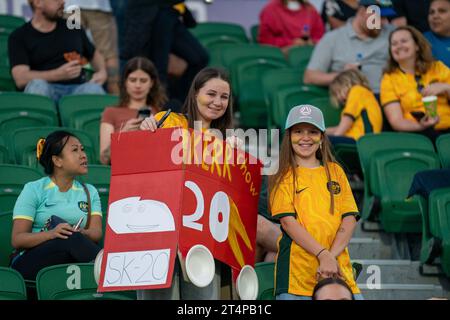 Perth, Australien. November 2023. Perth, Australien, 1. November 2023: Australische Fans im Stadion während des AFC Womens Olympic Qualifying Tournament Runde 2 zwischen Australien und Chinese Taipei im Perth Rectangular Stadium in Perth, Australien (Noe Llamas/SPP) Credit: SPP Sport Press Photo. /Alamy Live News Stockfoto