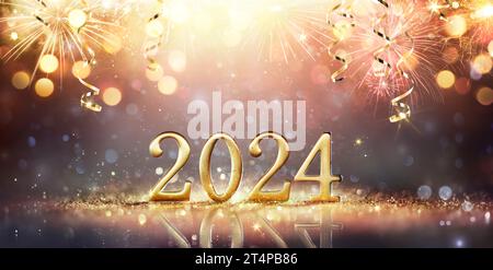 2024 Happy New Year - Golden Number Auf Glitter Und Feuerwerk In Abstrakten Unschärfe-Lichtern Stockfoto