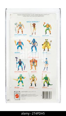 1984 Mattel Masters of the Universe Series 3 Karded Weapons Pak AFA 80-Y nahe Mint Stockfoto