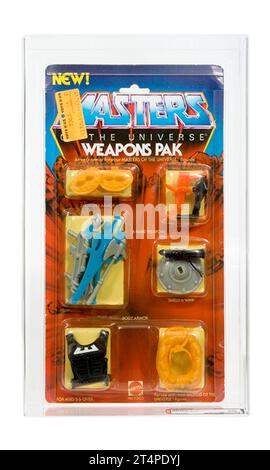 1984 Mattel Masters of the Universe Series 3 Karded Weapons Pak AFA 80-Y nahe Mint Stockfoto