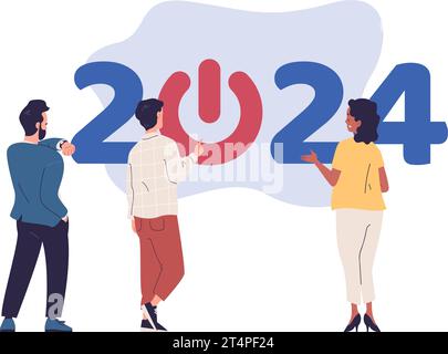 Die Menschen beginnen mit dem Jahr. Mitarbeiter Teamwork beginnend im neuen 2024 Jahr, Start-up Banner Erfolgsstrategie Büro Team Arbeitgeber Lösung Jahresplan für zukünftige Ziele Vektor-Illustration von 2024 Chancen Stock Vektor