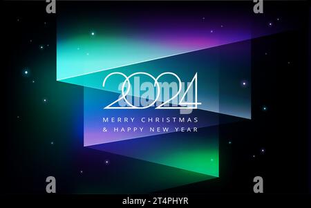 2024 Happy New Year Hintergrund mit aurora Borealis - die Nordlichter Sternnacht - Neujahr 2024 Feiertaggrußkarte mit perfektem abstrakten Norden Stock Vektor