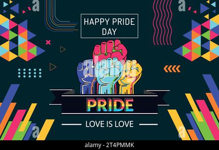 „Happy Pride“-Text und abstraktes Hintergrunddesign mit „Rainbow Pride“-Band. Bunte Rainbow LGBT-Rechte-Kampagne. Lesben, Schwule, Bisexuelle, Transgender, Stock Vektor