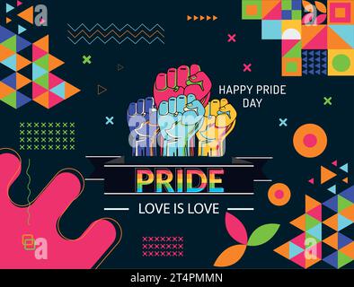 „Happy Pride“-Text und abstraktes Hintergrunddesign mit „Rainbow Pride“-Band. Bunte Rainbow LGBT-Rechte-Kampagne. Lesben, Schwule, Bisexuelle, Transgender, Stock Vektor