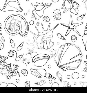 Seeschalen nahtloses Muster Schwarz-weiß-Skizze.Vektorillustration für Druck auf Papier.Textilien und andere Designs.Zeilengrafik Stock Vektor