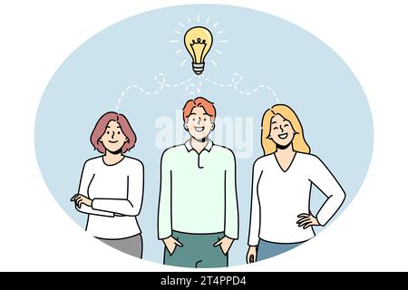 Brennende Glühbirne über Gruppe von Menschen stehen zusammen, Kollegen mögen die beste Lösung des Problems Symbol. Brainstorming, Teamarbeit. Geschäftsmann, Geschäftsfrauen erfinden etwas. Vektorgrafik. Stock Vektor