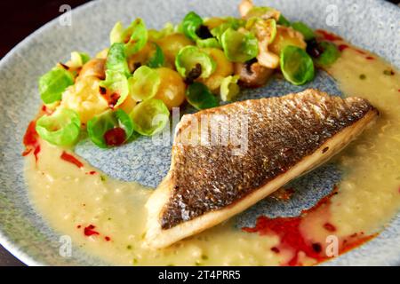 Gegrilltes Wolfsbarschfilet mit gedämpften rosenkohl, gebratenen Pilzen, Kartoffeln, karamelisierten Zwiebeln und cremiger Sauce, gesundes Abendessen. Stockfoto