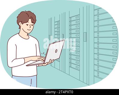 Männlicher Ingenieur mit Laptop, der neben dem Serverraum mit Computern steht. Man IT-Spezialist, der in Rechenzentren in der Nähe von Server-Racks arbeitet. Vektorgrafik. Stock Vektor