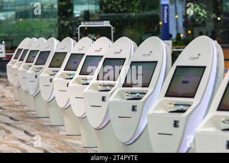 Eine Reihe von schnellen und nahtlosen Reiseautomaten für Check-in-Automaten in der Abflughalle des Flughafenterminals Changi. Singapur. Stockfoto