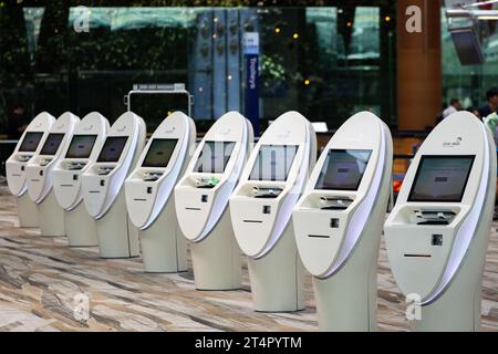 Eine Reihe von schnellen und nahtlosen Reiseautomaten für Check-in am Changi Airport Terminal. Stockfoto