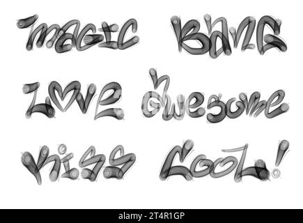 Sammlung von Graffiti Street Art Tags mit Wörtern und Symbolen in schwarzer Farbe auf weißem Hintergrund Stockfoto