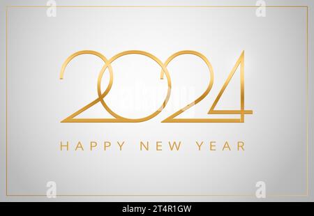 2024 Happy New Year Grußkarte - goldene Zahlen auf silbernem Hintergrund - Vektor 2024 Neujahrsfeier Hintergrund Stock Vektor
