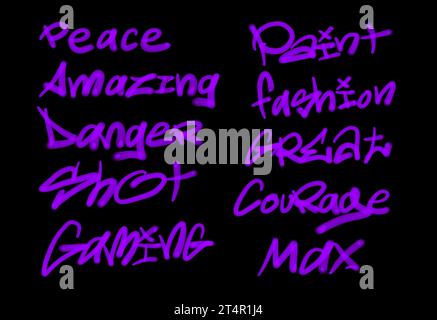 Sammlung von Graffiti Street Art Tags mit Wörtern und Symbolen in violetter Farbe auf schwarzem Hintergrund Stockfoto