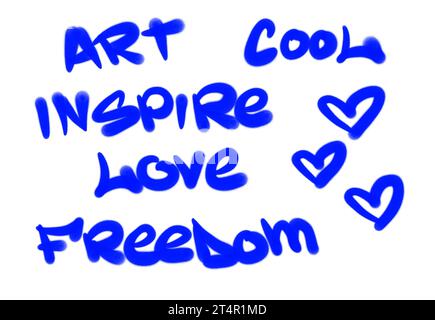 Sammlung von Graffiti Street Art Tags mit Wörtern und Symbolen in blauer Farbe auf weißem Hintergrund Stockfoto