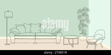 Wohnzimmer innen handgezeichnete Vektorskizze. Stock Vektor