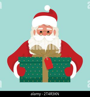Süßer Weihnachtsmann mit Geschenkbox. Vektor-Illustration in Zeichentrick-Flat-Stil Stock Vektor