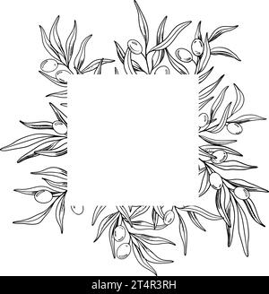 Skizzenrahmen aus Olivenzweig mit Beeren und Blättern. Handgezeichnete Vektorlinie Illustration. Schwarz-weiße Zeichnung des Symbols Italiens oder Griechenlands Stock Vektor
