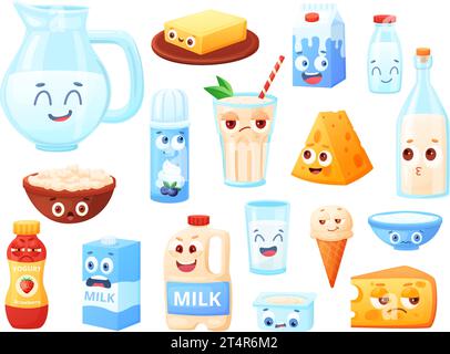 Süße Milchfiguren, Comic-Gesichter auf Milch, Käse und Joghurt. Kindische Maskottchen mit frischen Speisen. Milchshake, Hüttenkäse und Sahne heute Vektor Stock Vektor