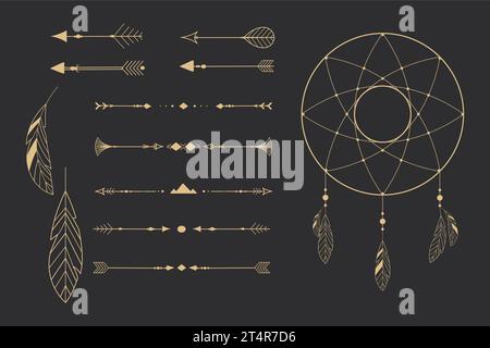 Set goldene Stammesträumfänger, Federn Linie Kunst einheimische Pfeile, teilt ethnische indianer im Doodle-Stil auf dunklem Hintergrund. Geometrische Boho-Elemente. Vektorabbildung Stock Vektor