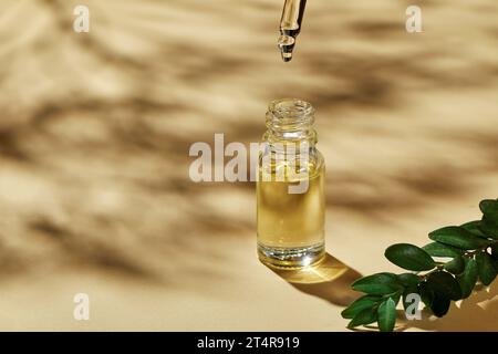 Öle zur Kurbehandlung in verschiedenen Glasflaschen auf beigem Hintergrund mit Schatten von Blättern. Kopierbereich für Text. Stockfoto