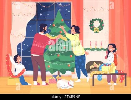 Familie schmücken Baum. Mutter Vater und Kinder bereiten weihnachten Dekoration für Neujahr dezember Urlaub im Haus Wohnzimmer mit Kamin, fröhliche Xmas klassische Vektor-Illustration der Familie mit Baum vor Stock Vektor