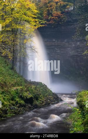 Hardrow Force, Englands höchster ununterbrochener Wasserfall mit 30 m im Herbst, in der Nähe der Marktstadt Hawes im Yorkshire Dales National Park, Großbritannien. Stockfoto