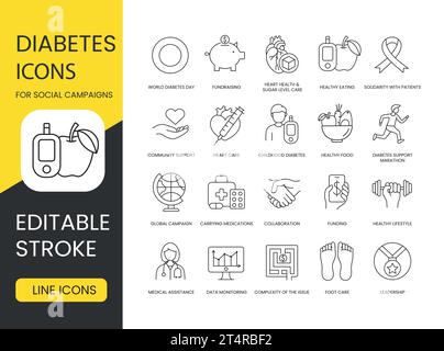 Diabetes Icon Set für wirkungsvolle soziale Kampagnen, gesunde Ernährung, Spendensammlung, Solidarität mit Patienten, Herzgesundheit, Zuckerniveaupflege, Welt Stock Vektor