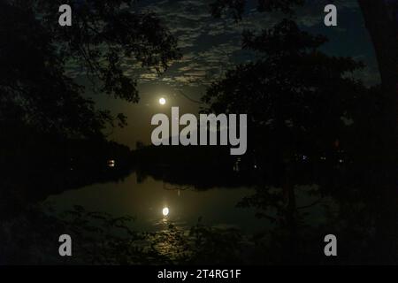 Prairieville, Michigan – fast Vollmond über dem Stewart Lake im ländlichen Westen von Michigan. Stockfoto