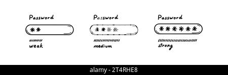 Kritzeln Sie stark, schwach, mittleres Passwort-Konzept. Handgezeichnete Skizzen Login, Abmeldung, Verifizierung, Anmeldung, Autorisierungsabbildung. Mobile App und pc uns Stock Vektor