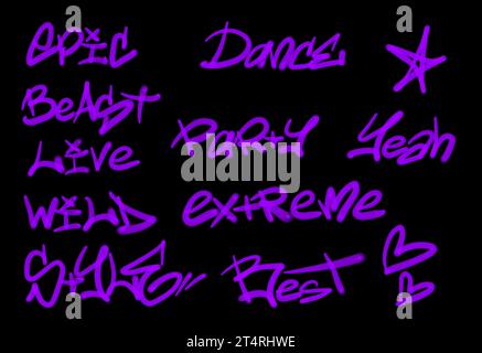 Sammlung von Graffiti Street Art Tags mit Wörtern und Symbolen in violetter Farbe auf schwarzem Hintergrund Stockfoto
