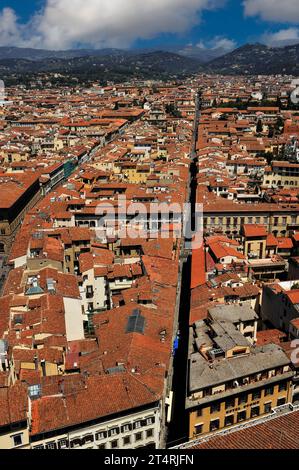 Blick auf Florenz, Toskana, Italien, nordöstlich von der Kathedrale zu den toskanischen Hügeln mit Villen in der Ferne. Rechts im Vordergrund befindet sich das Hotel Duomo. Zwei Straßen führen von vorne durch die Vororte der Stadt zu den toskanischen Hügeln mit Villen in der Ferne: Die Straße rechts, die an der Seite des Duomo verläuft, ist die Via Ricasoli; die kurvigere Straße links ist die Via de’ Martelli. Stockfoto