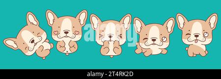 Sammlung von Vector Cartoon Französisch Bulldog Hund Art. Set von Kawaii isolierten Tierillustrationen für Drucke für Kleidung, Aufkleber, Babydusche Stock Vektor