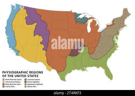 Physiographische Regionen der Vereinigten Staaten, politische Karte. Die physiographischen Abteilungen der Vereinigten Staaten bestehen aus acht Abteilungen. Stockfoto