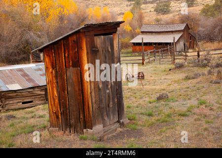 Scheune mit Outthouse, Donner und Blitzen Wild and Scenic River, Steens Mountain Cooperative Management and Protection Area, Oregon Stockfoto