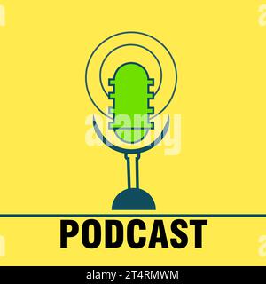 Abbildung des Podcast-Radiosymbols. Studio-Tischmikrofon mit Broadcast-Text-Podcast auf gelbem Hintergrund Stock Vektor