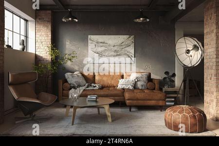 Dunkler Industriestil der Innenarchitektur mit Grunge-Wänden und Ziegelsäulen, Loft-Stil, 3D-Rendering Stockfoto