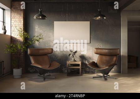 Dunkler Industriestil der Innenarchitektur mit Grunge-Wänden und Ziegelsäulen, Loft-Stil, 3D-Rendering Stockfoto