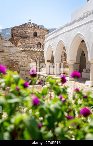 Blumen im Innenhof von Panagia Ekatontapiliani in Paros Stockfoto