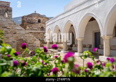 Blumen im Innenhof von Panagia Ekatontapiliani in Paros Stockfoto